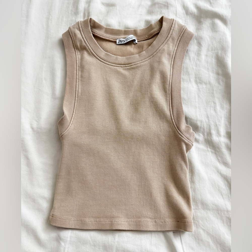 Zara Ribbed Cropped Tank Top - Beige/Tan, Size Small